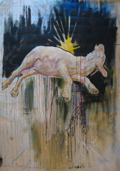 "A Sleeping Goat", 2013. Oil, Ink, Pencil, Coffee and Gouache on un-stretched Canvas. 94cm x 137cm